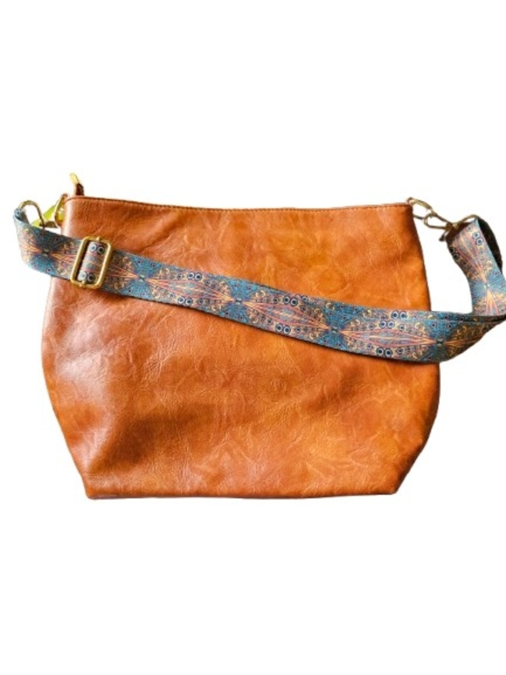 Leather Crossbody Bag with Patterned Strap - Tan